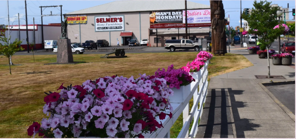 White Fence Displaying Colorful Flowers in Front of Several Businesses